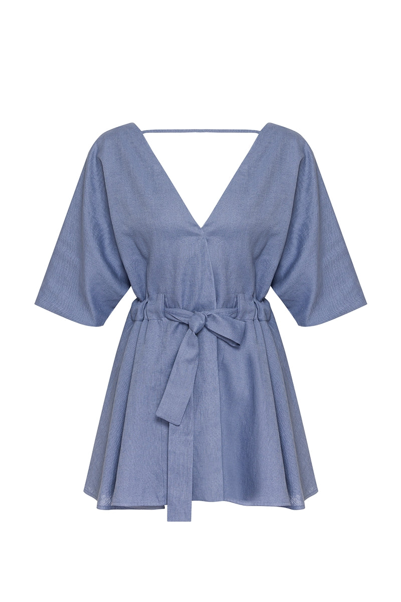 The Origin Organik Keten Elbise Mavi Gri