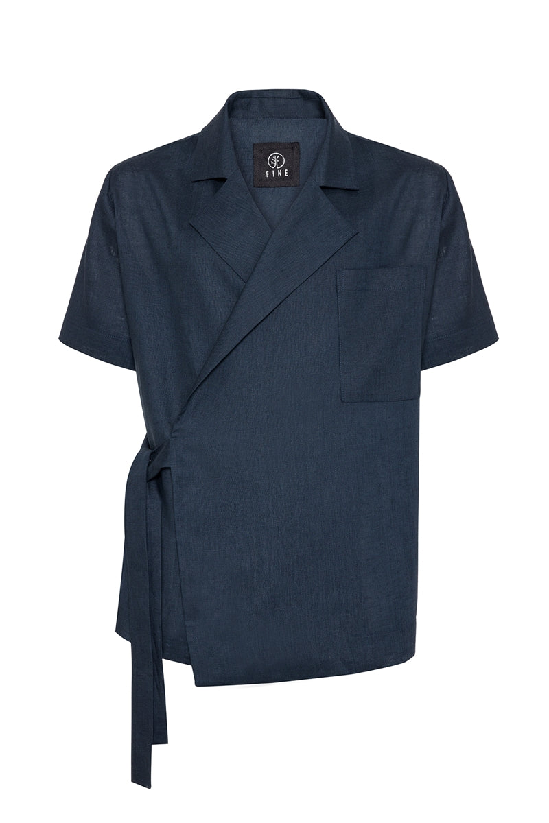 The Tan Organik Keten Kimono Gömlek Lacivert