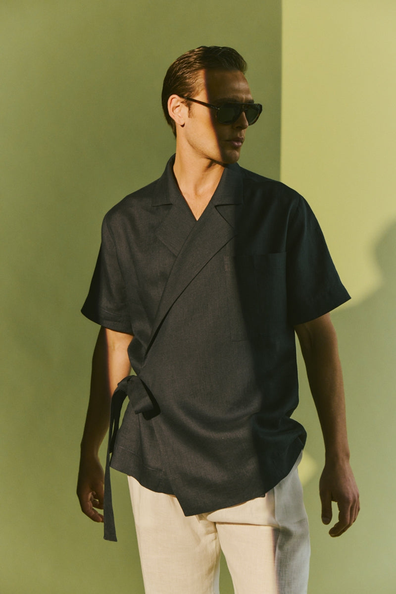 The Tan Organik Keten Kimono Gömlek Lacivert