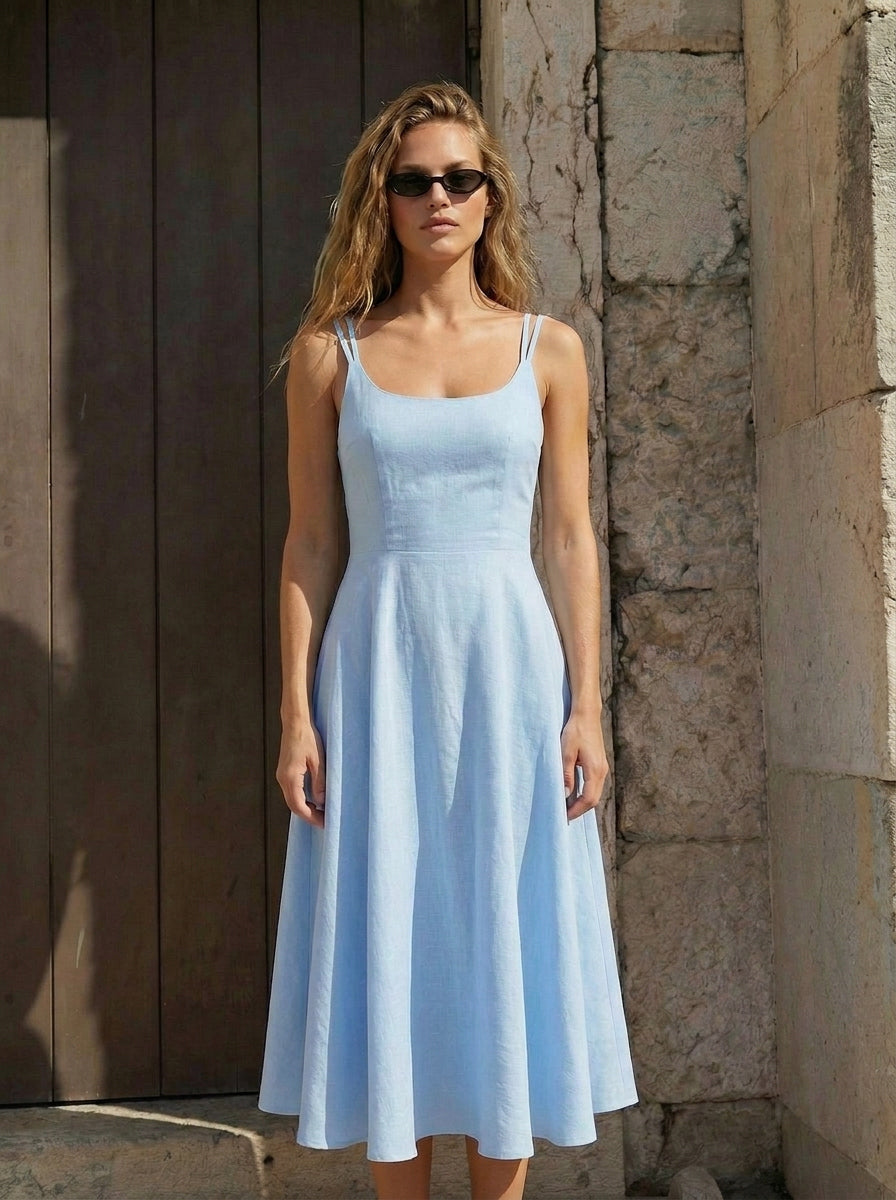 Royal Organik Keten Elbise Açık Mavi