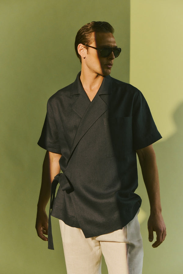 The Tan Organik Keten Kimono Gömlek Lacivert